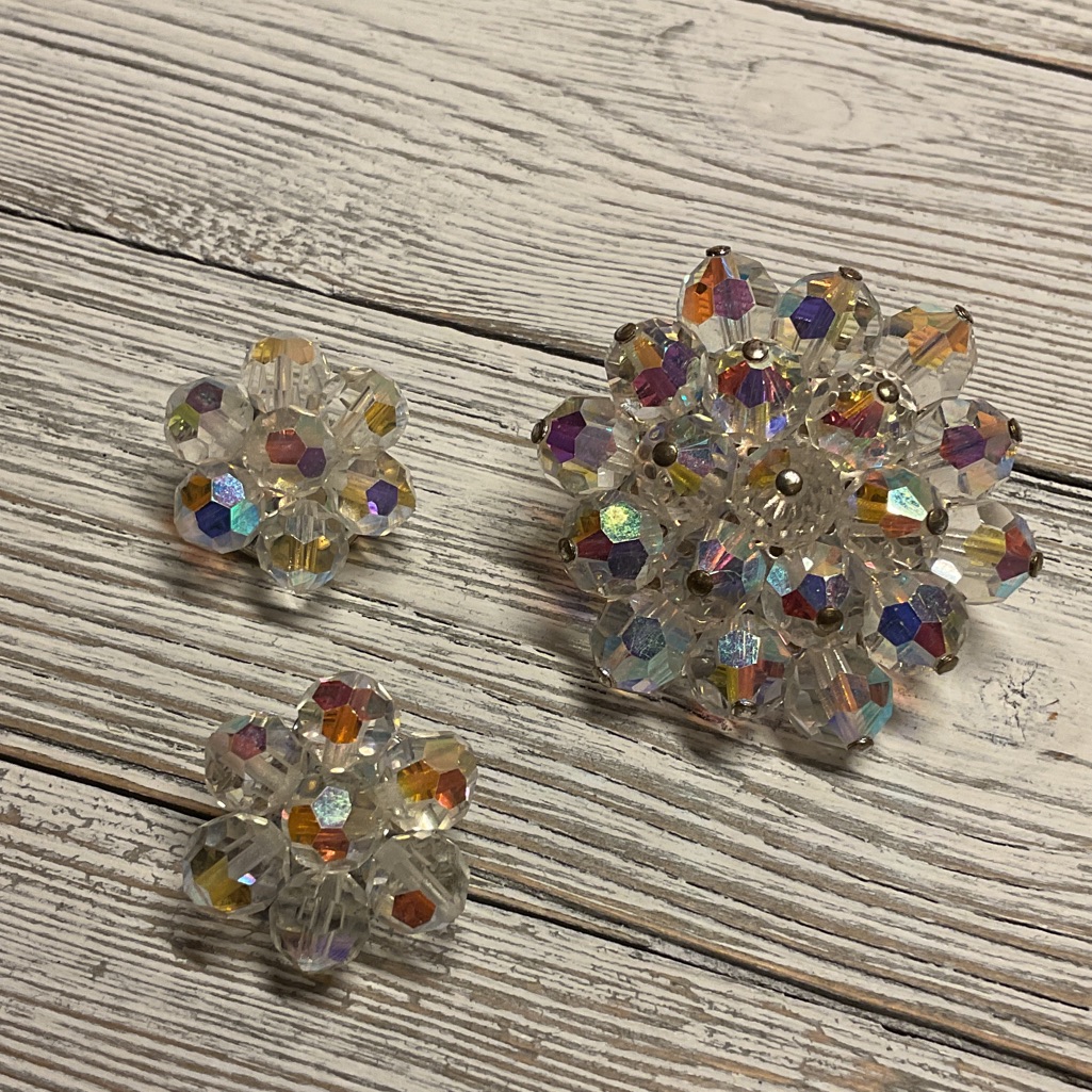 Vintage Aurora Borealis Crystal Bead Cluster Brooch Pin Clip On Earrings